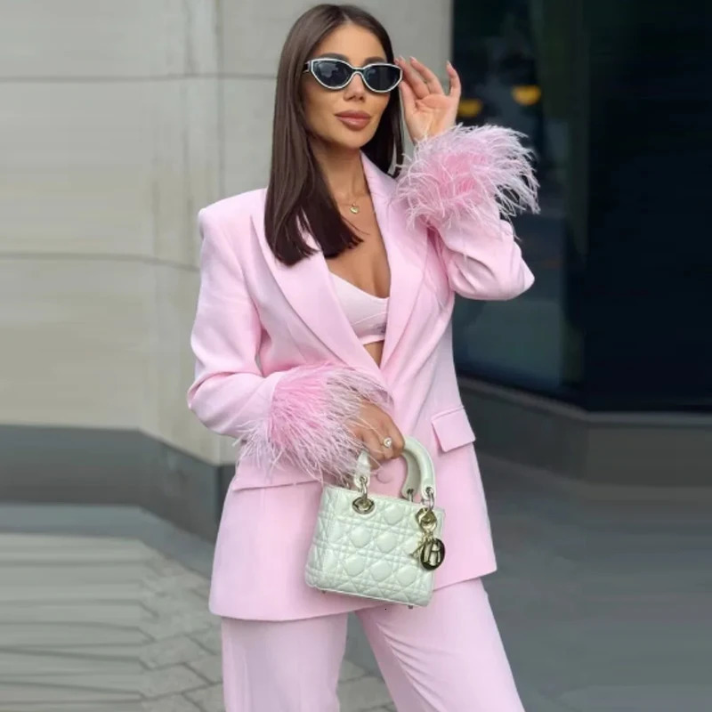HXAO Pink Feather Blazer Woman Autumn Womens Suit Long Sleeve Fitted Jacket Office Wear Woman High Quality Womens Blazer 251104
