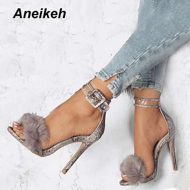 Aneikeh Women High Heels Footwear Fur Ankle Strap Gladiator Sandals Female Wedding Sexy Shoes Stiletto D-88-5#
