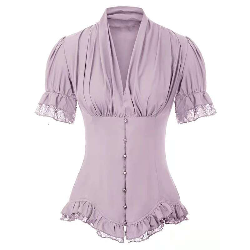 Vintage Victorian Blouse For Women Short Sleeve V Neck Lace Chiffon Slim Corset Shirt Tops