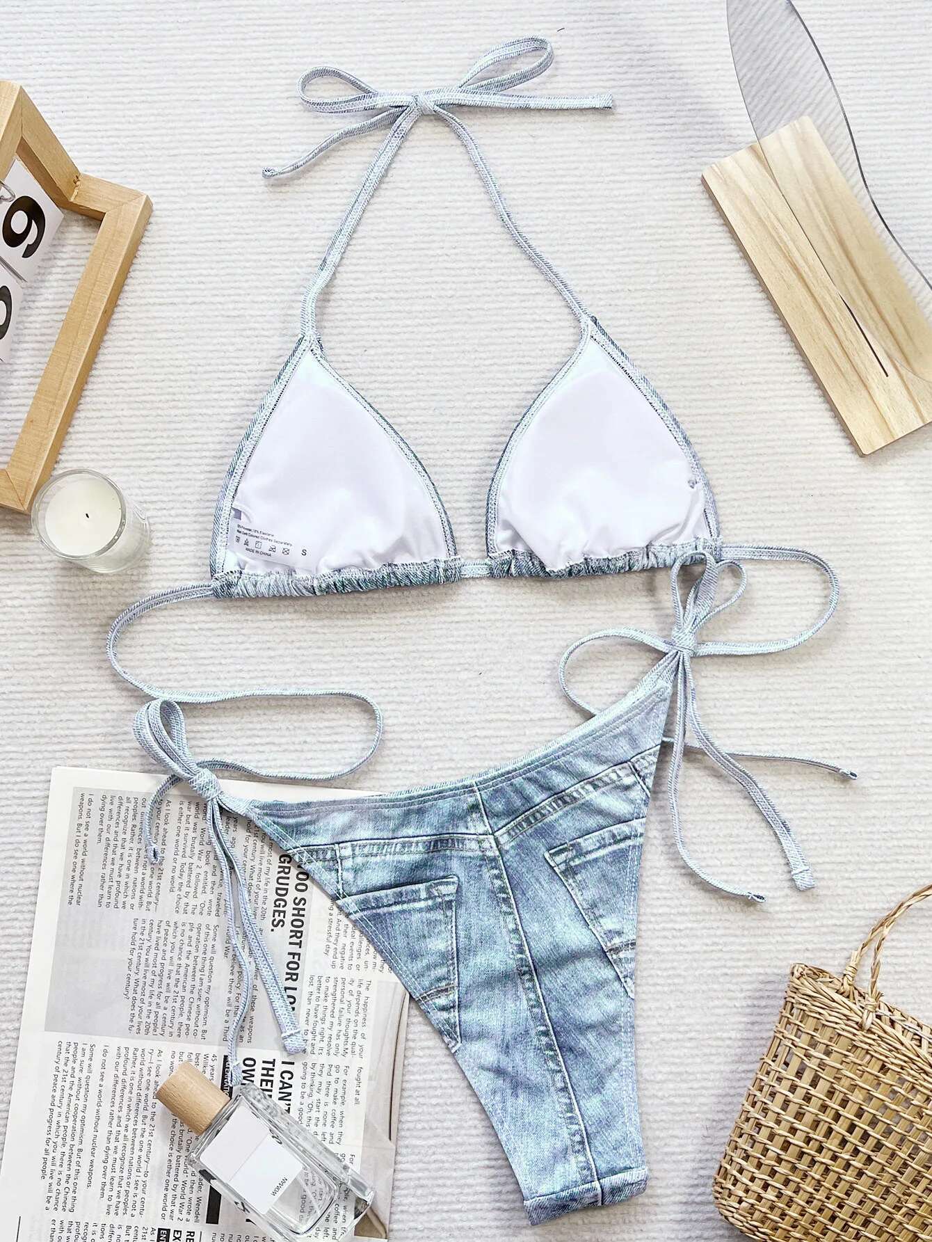 Dongdumaoyi Sexy Denim Bikini Sets Women Halter Push Up Bra Tie Side Thong Swimsuit Brazilian Cut Out Beach Bathing Suit Micro Swimwear