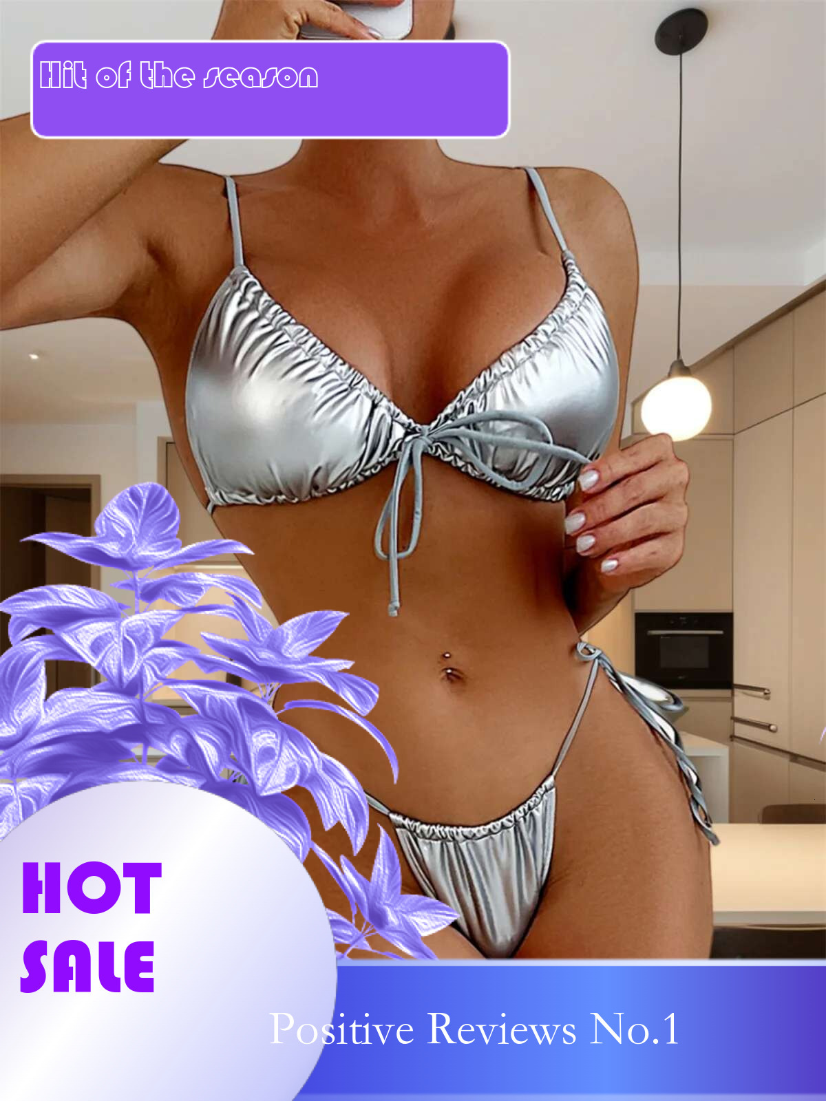 Dongdumaoyi Sexy Silver Bikini Set Women Pleate Front Tie Push Up Bra Micro Swimsuit Brazilian PU Bathing Suit Side Thong Swimwear