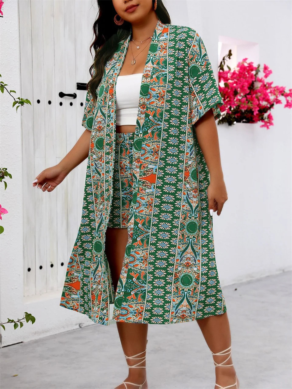 Gibsie Plus size summer twopiece set suitable for womens vacations long kimono cardigan with shorts beach style Bohemian print 250313