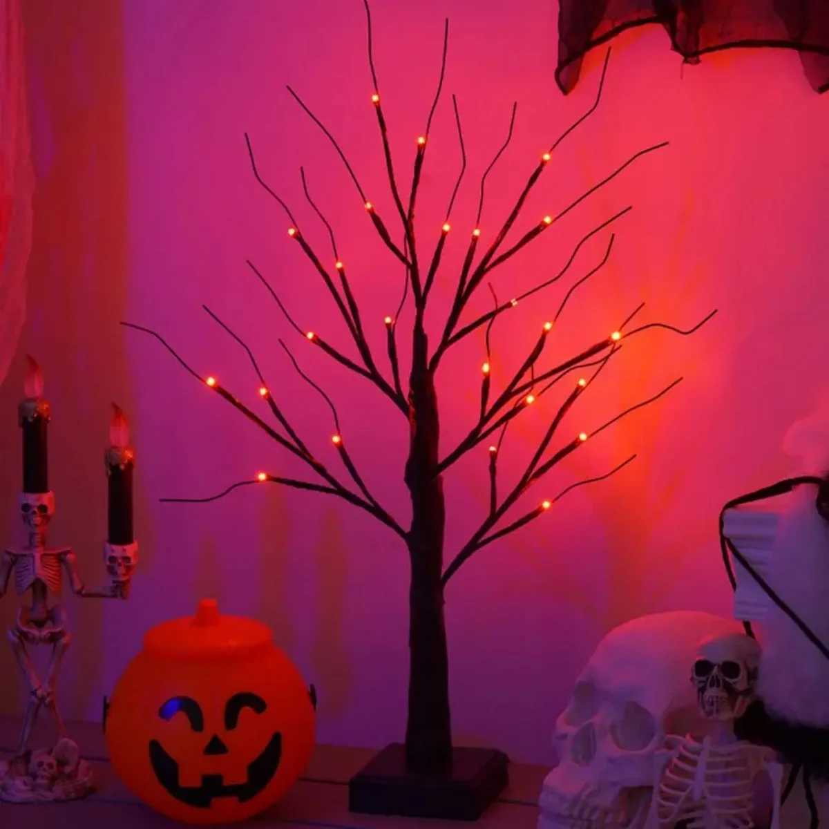 1pc 24 LED Orange And Purple Lighted Halloween Artificial Birch Tree Light DIY Black Branches Lights Tabletop Halloween Spooky W251107