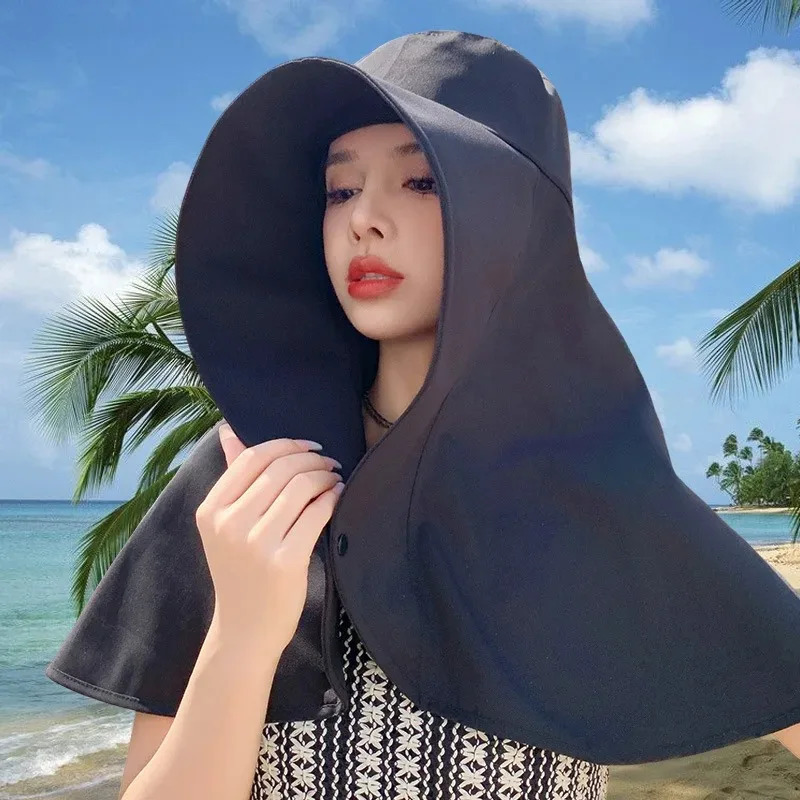 Summer Womens Hat Outdoor UV Neck Sunscreen Sunshade Fishing Hiking Big Brim Shawl tail Solid Color 250326