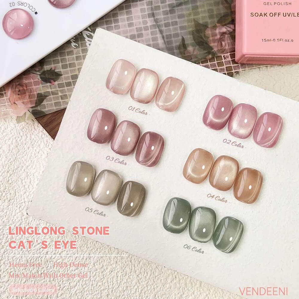 Vendeeni 6 Colors Magnetic Nail Polish Set Pink UV LED Soak Off Varnish Crystal Cat Eye Gel Lacquer With Display