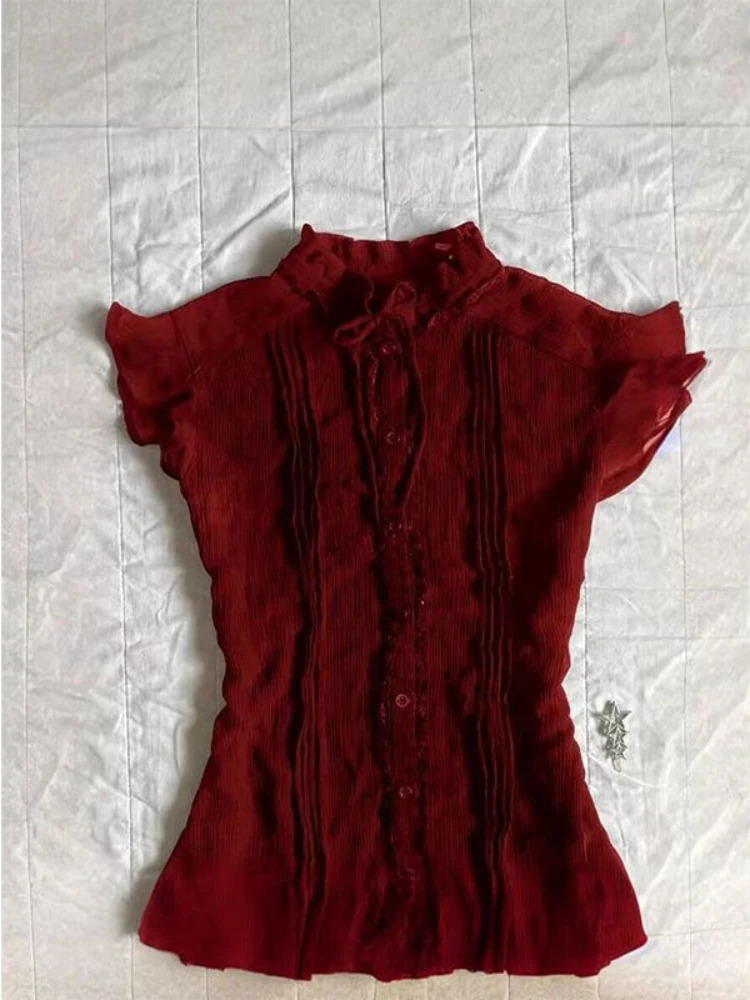 SpringSummer Wine Red Ruffle Collar Womens Retro n Slimming Casual Top Elegant Korean Fashion 250407
