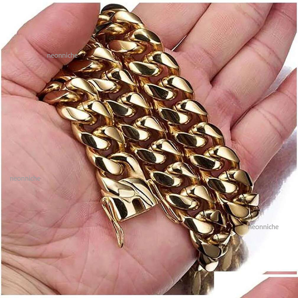 Chains Gold Plated Stainess Steel 10Mm 12Mm 14Mm Polished Miami Cuban k Necklace Men Punk Curb Chain Double Safety Clasp 18Inch Ot06H