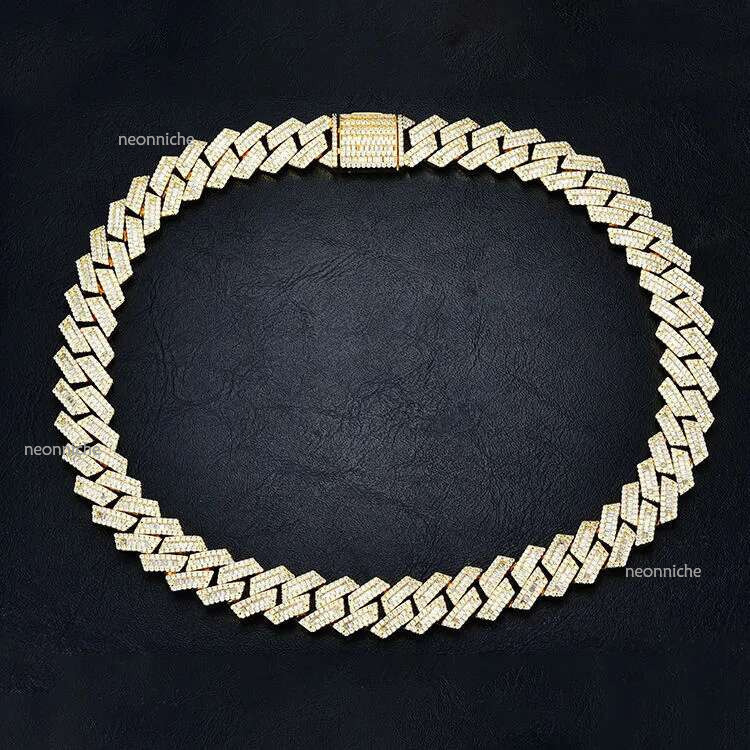 15mm Sier Hip Hop Vvs Dia Moissanite Baguette Cuban k Chain
