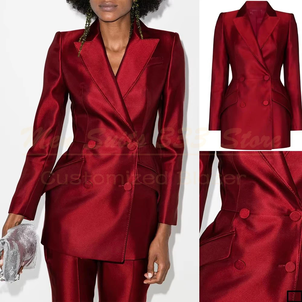 Elegant Red Women Suits Blazer Fashion Double Breasted Lapel Satin 2 Piece Jacket Pants Outerwear Office Lady Full Sets 250321