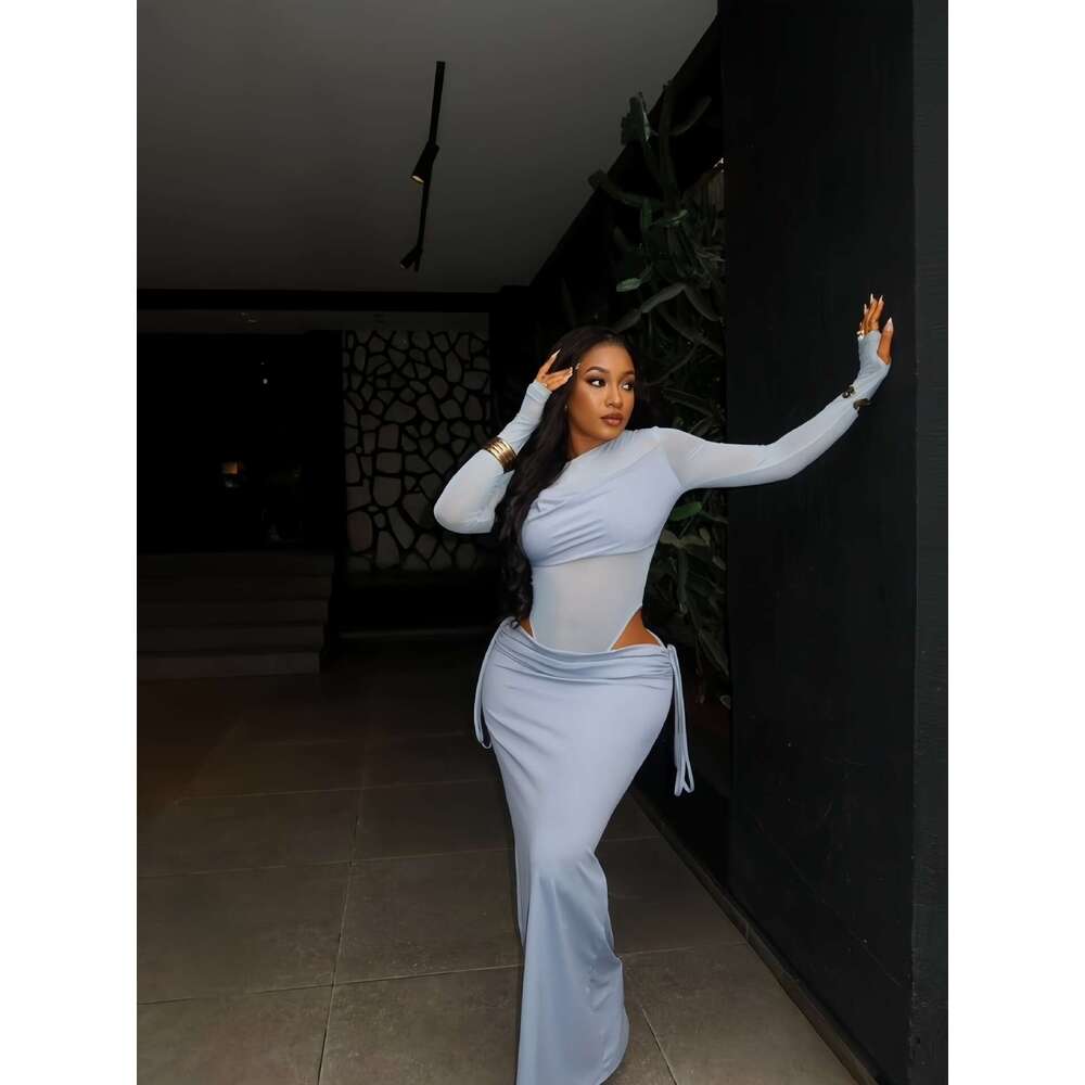 2025 Winter New Cross-Border Women's Fashion Solid Color Long Sleeve Sexy Slim Tie Half Skirt Two-Piece Set