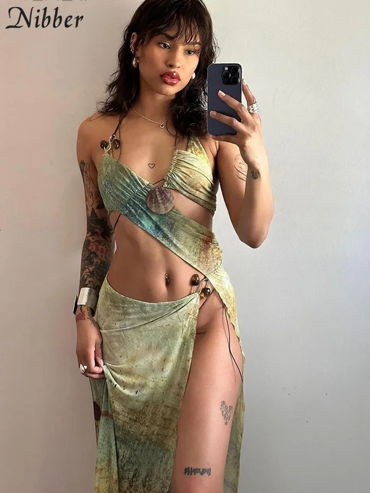 Nibber Aesthetic Printed Two Piece Set Womens Strap Irregular CamisHigh Side Split Maxi Skirts Vacation 250313