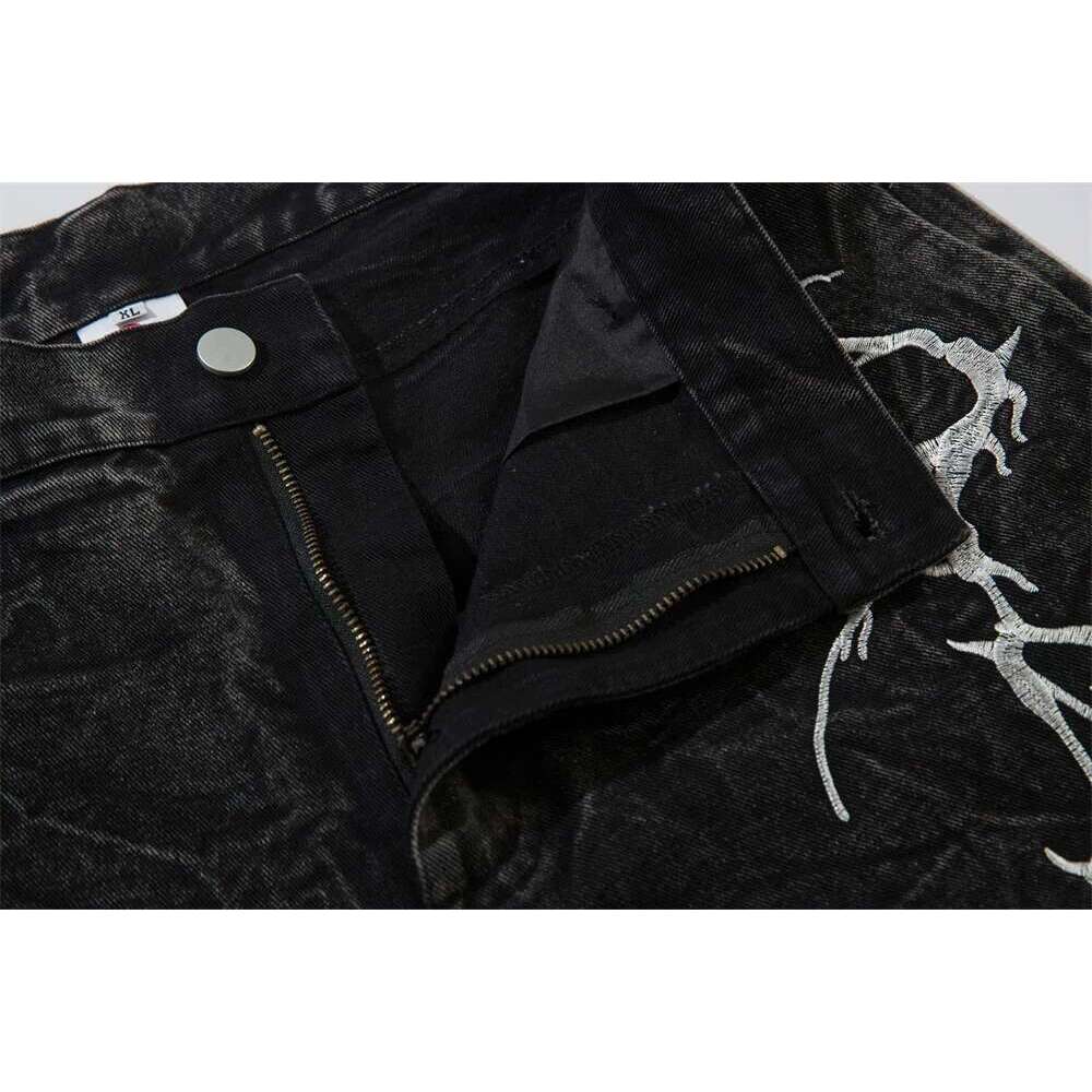 Lighing Embroidery Jeans Mens High Street Washed Distressed Loose Wide Leg Denim Pants Men Trousers