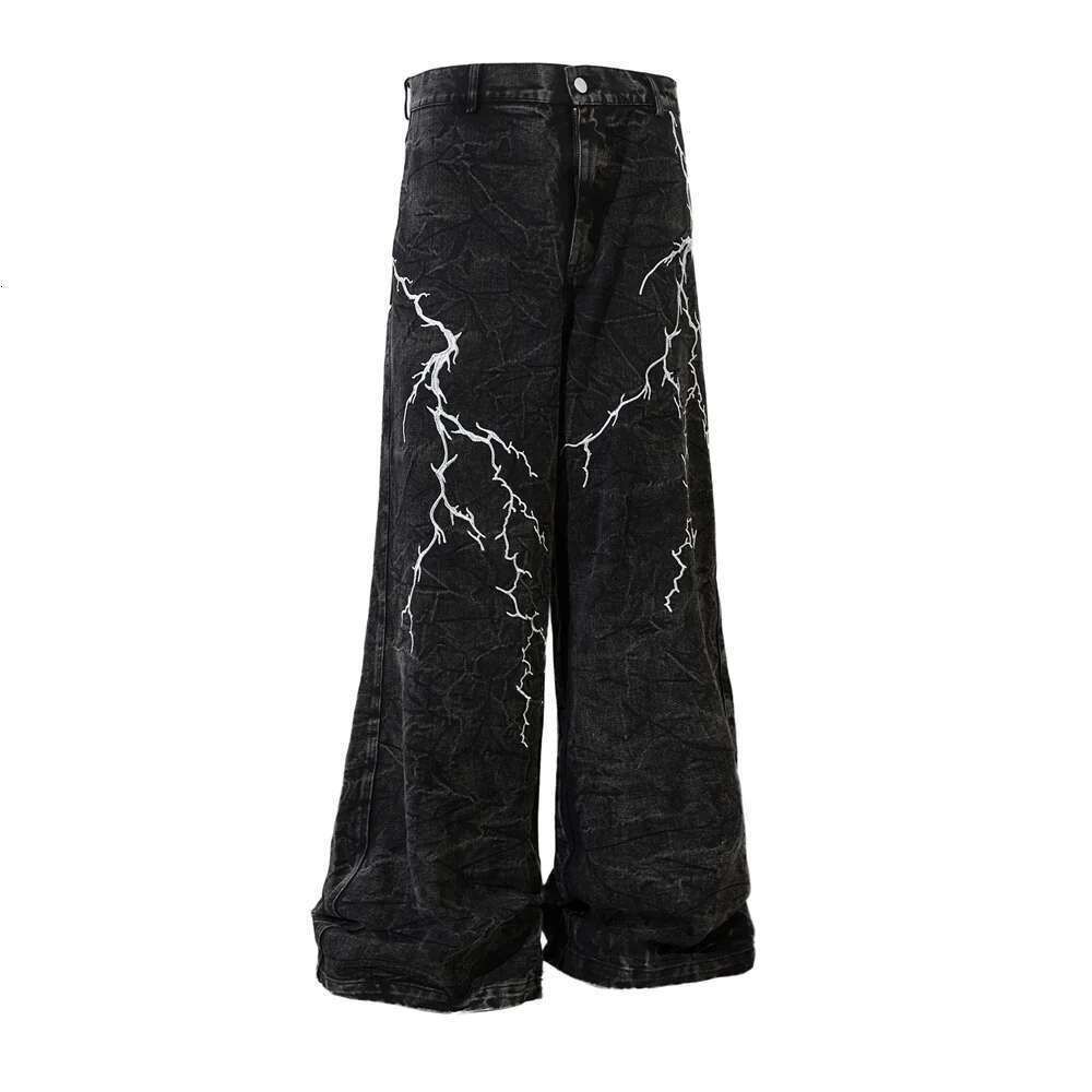Lighing Embroidery Jeans Mens High Street Washed Distressed Loose Wide Leg Denim Pants Men Trousers