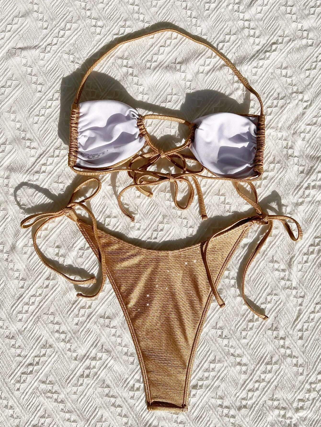 Dongdumaoyi Sexy Gold Bikini Mujer Women Halter Front Bandage Cross Tie Push Up Thong Swimsuit Beach Bathing Suit Mini Swimwear Biquini