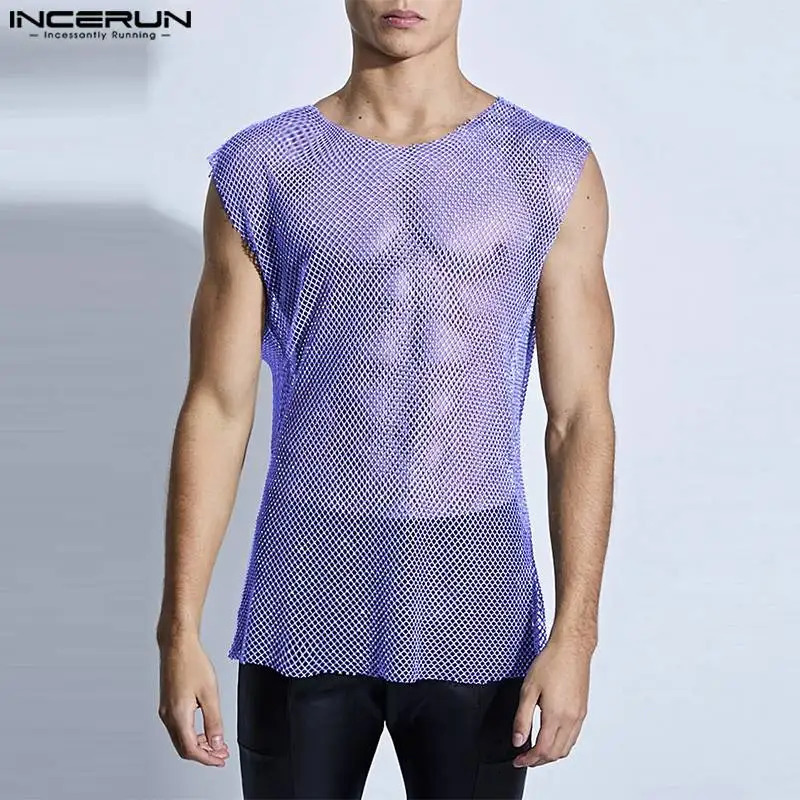 Summer three-way INCERUN mens round neck sleeveless tank top without back low cut mesh transparent mens clothing super large S-5XL 250403
