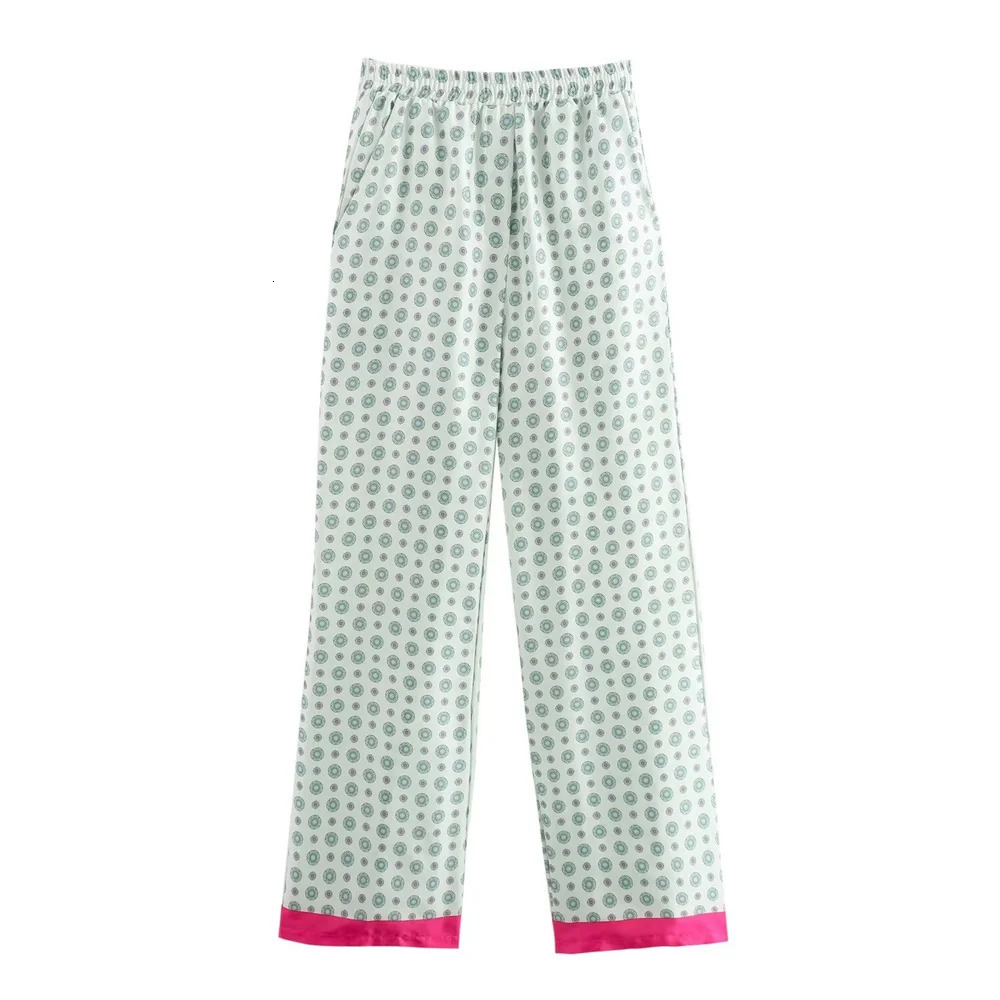 Zach Ailsa Autumn Product Womens Collar Long Sleeve Silk Texture Spliced Printed Shirt Straight Pants Casual Set 250407