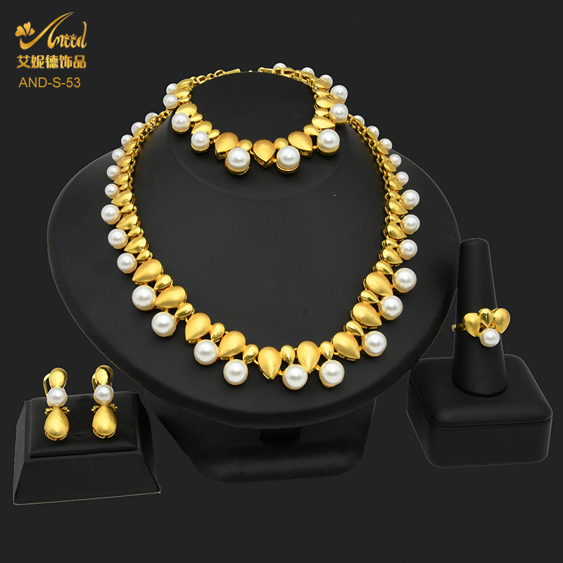 Dubai bride wedding zircon pearl necklace ring earring bracelet four piece set womens banquet Jewelry Set 230313