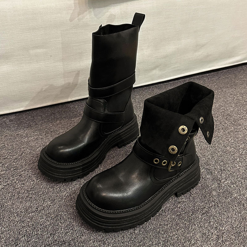 Women Boots:Spring Simple Design Versatile Soft Leather Thick Sole Fashion Slimming Boots Black/Brown Free shipping