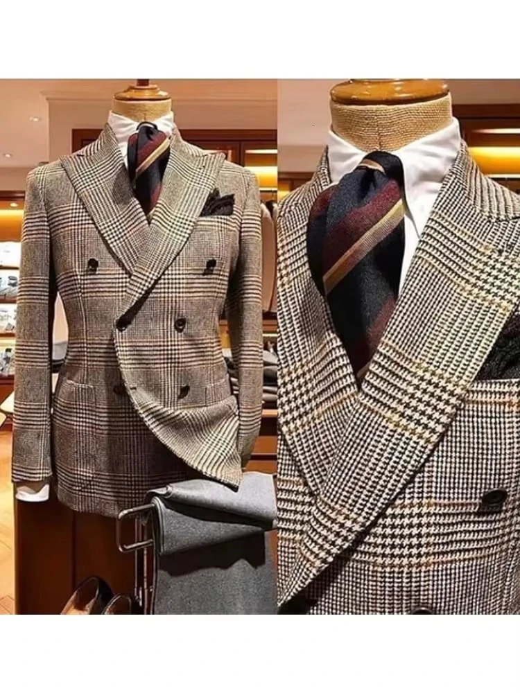Formal Mens Brown Houndstooth Woolen Blazer Suits Jacket with Peak Lapel Casual Wedding Business Party Coat for Autumn Winter 251106