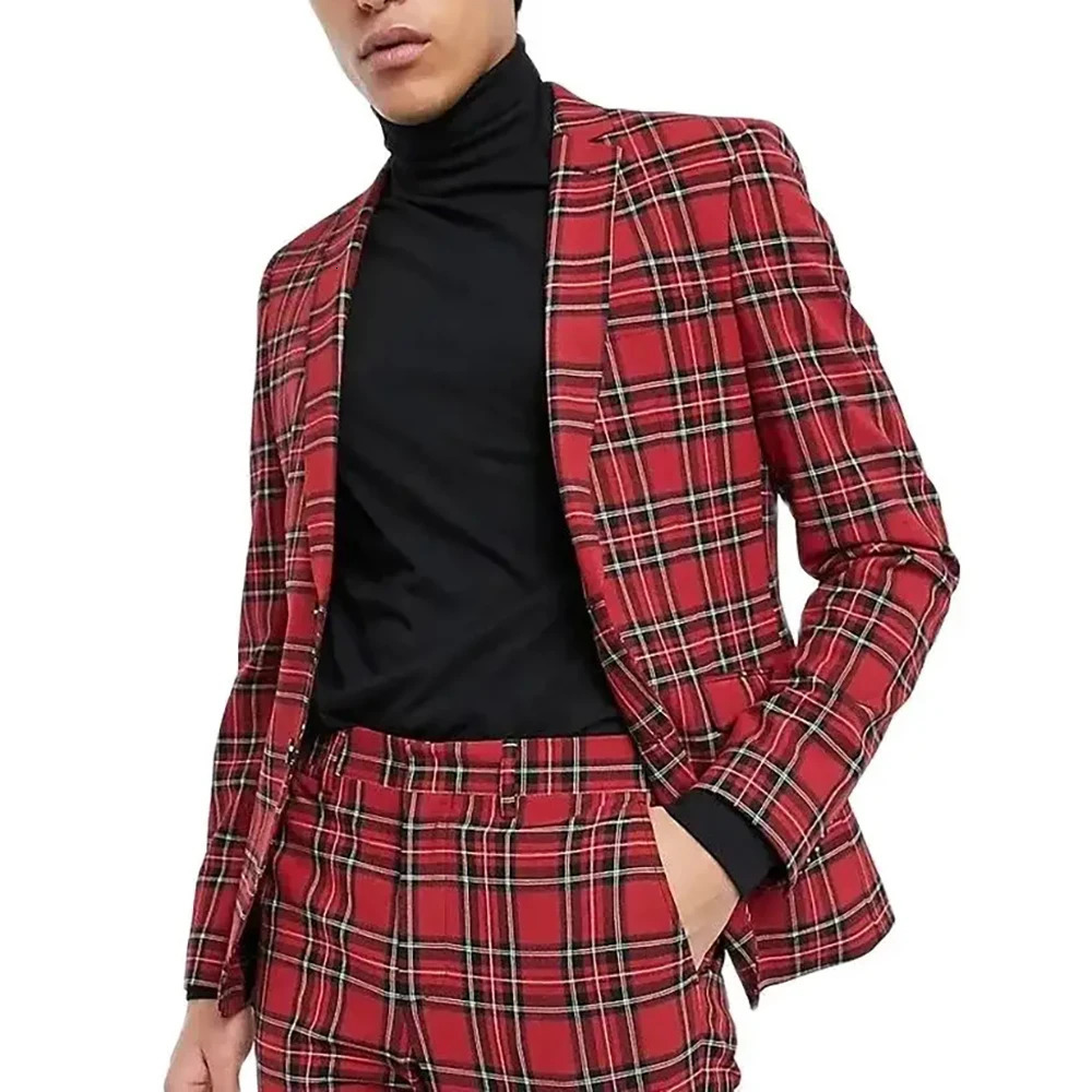 Ultra slim fit mens elegant mens single hole lapel red checkered ball party 2-piece jacket pants mens suit 250402