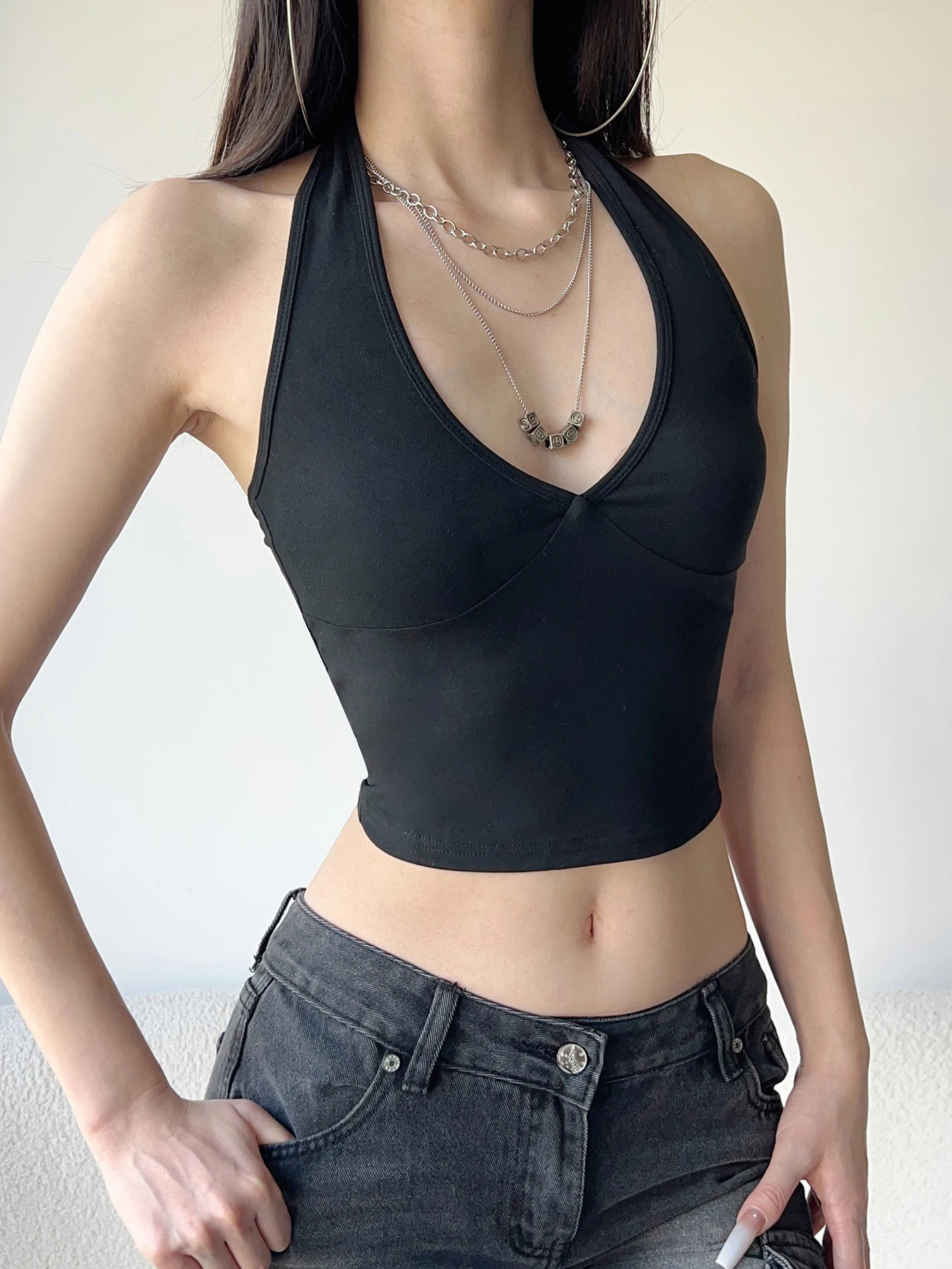 IAMSURE Basic Solid Backless Hanger Top Sexy Ultra Thin Deep Vneck Sleeveless Tank Womens Summer Fashion Street Clothing Women 250407