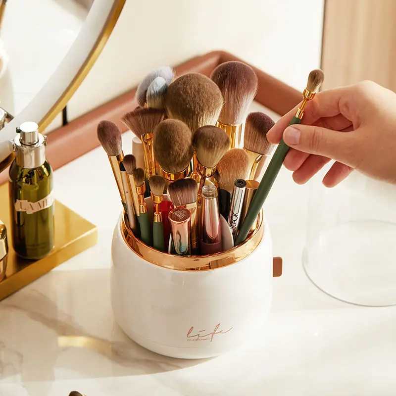 360 Rotating Makeup Brushes Holder Portable Desktop Makeup Organizer Cosmetic Storage Box Make Up Tools Jewelry Container J251115