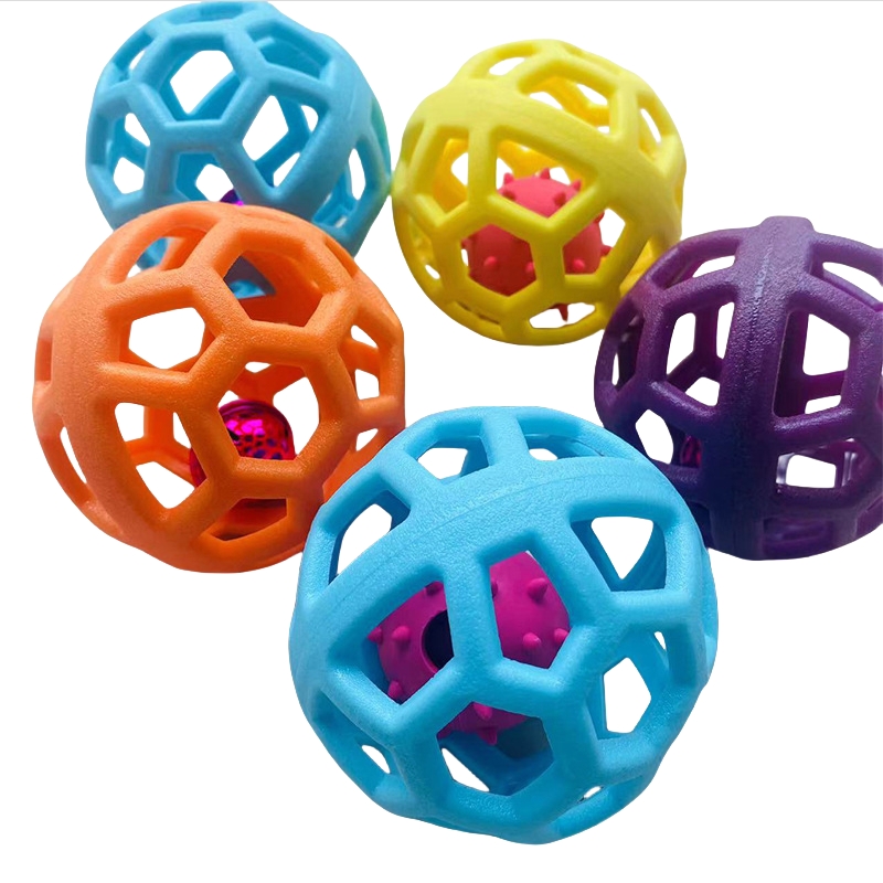 Dog Chew Toy Hollow Ball with Jingle Bell Inside Durable Soft Pet Chew Tooth Cleaning Ball Toys Rubber Non Toxic