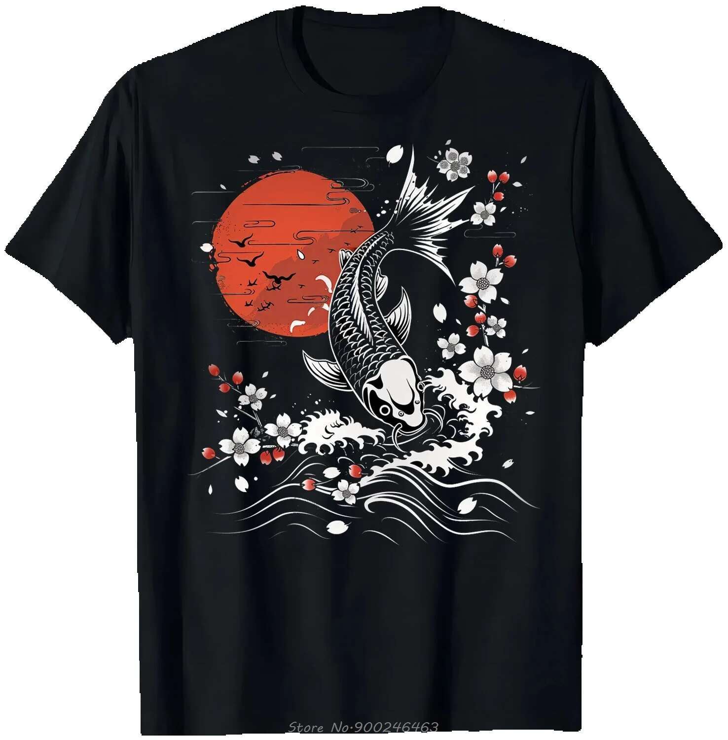 Koi Fish Japanese Sakura Pattern Art Fashion High Collar O-neck Cotton Men's Fierss T-shirt