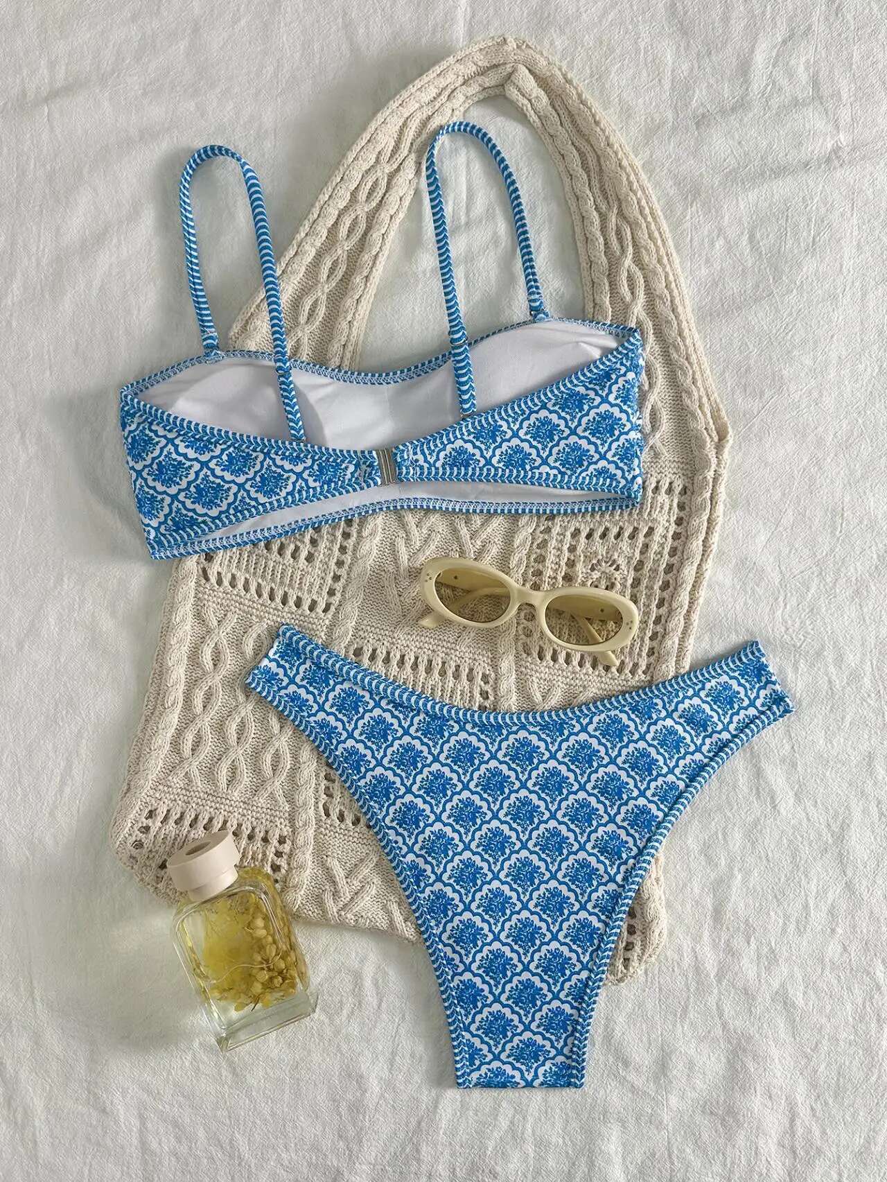 Dongdumaoyi Sexy Bandeau Bikini Women Green Floral Pleate Push Up Padded Thong Swimsuit Summer Bathing Suit Two Piece Swimwear Biquini