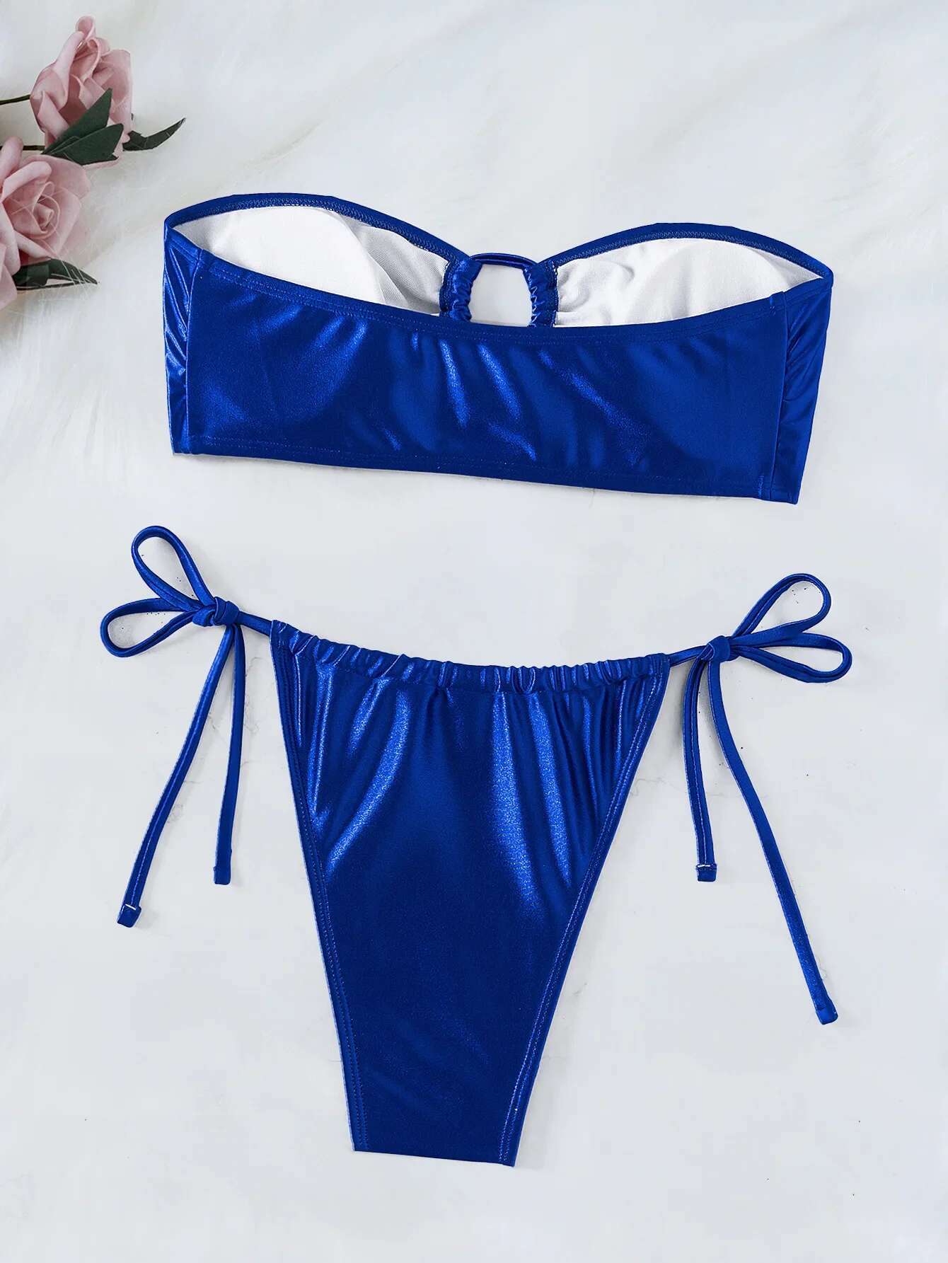 Dongdumaoyi Sexy Bandeau Bikini Women Blue Front Lace Up Bow Push Up Tie Side Thong Swimsuit Beach Bathing Suit Micro Swimwear Biquini
