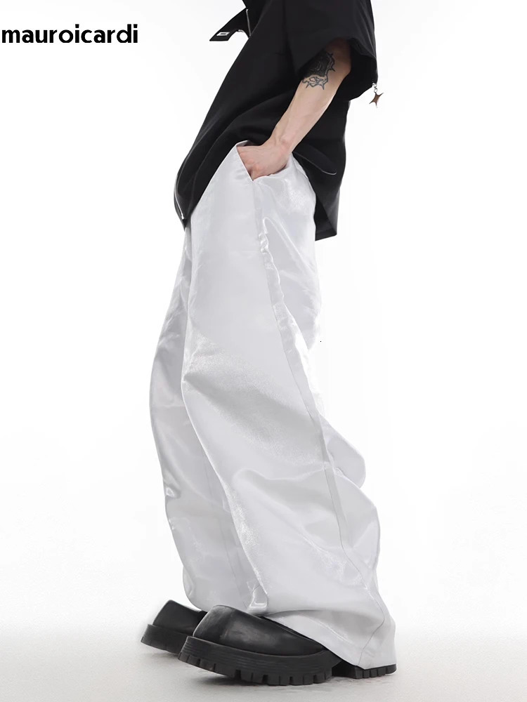 Mauroicardi autumn loose casual shiny wide leg pants mens luxury designer Y2K streetwear floor length Trousers 250403