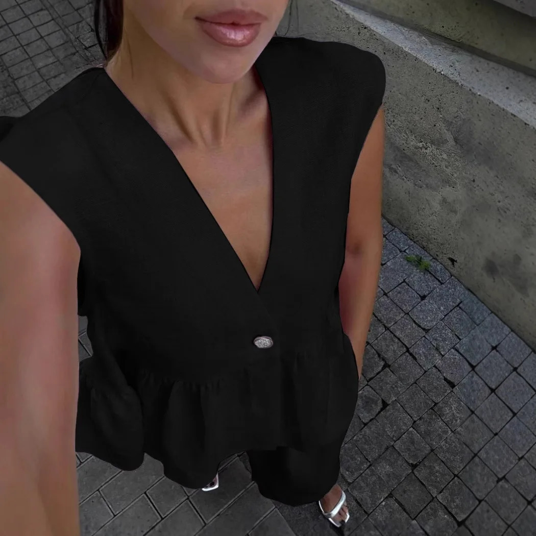 Elegant womens twopiece fashionable summer sleeveless single chest vest wide leg pants set casual office 250407