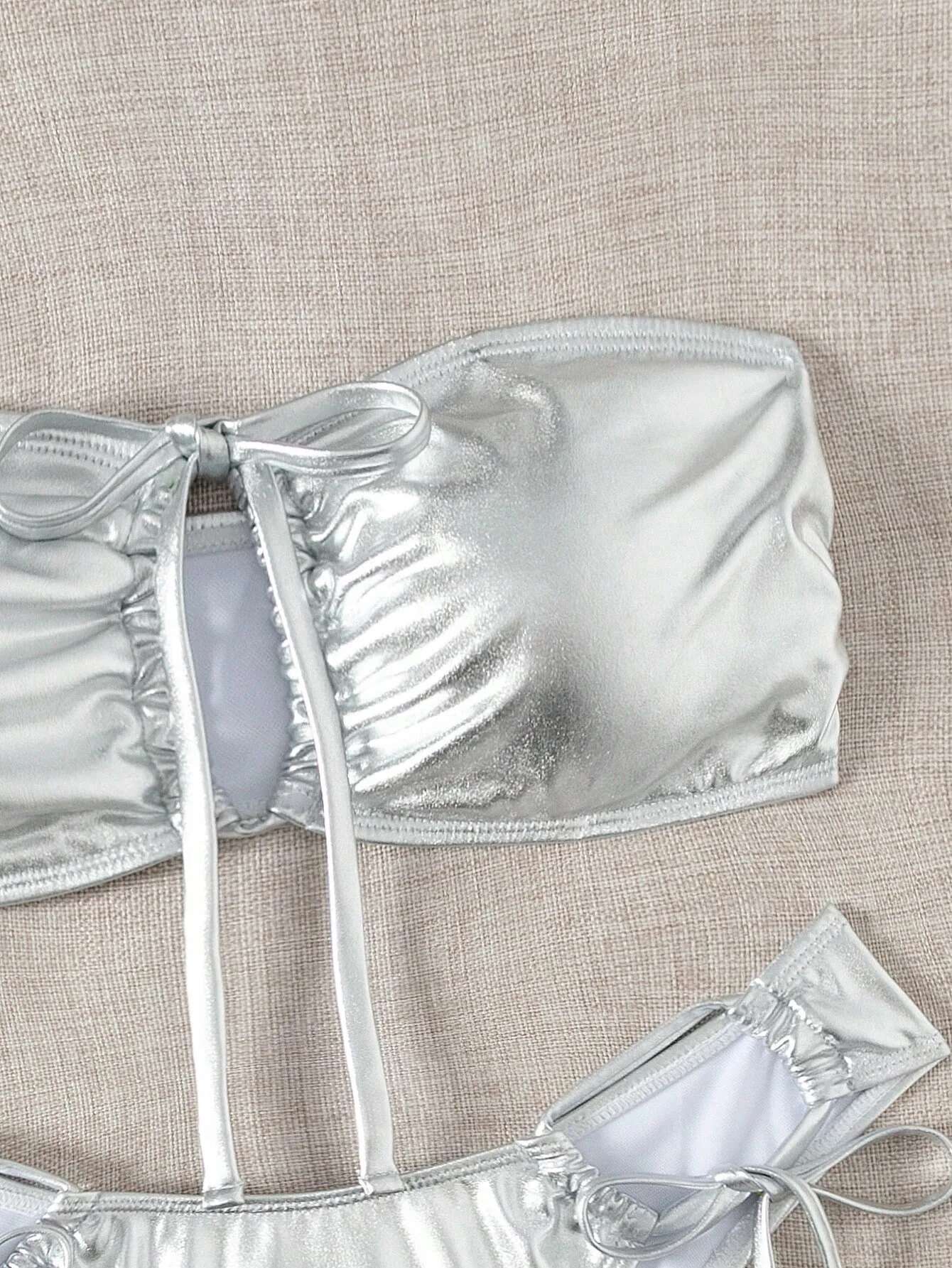 Dongdumaoyi Bikini Swimsuit Women Solid Silver Bandeau Cut Out Lace Up Micro Swimwear Summer Bathing Suit Pleate Thong Bikinis Sets