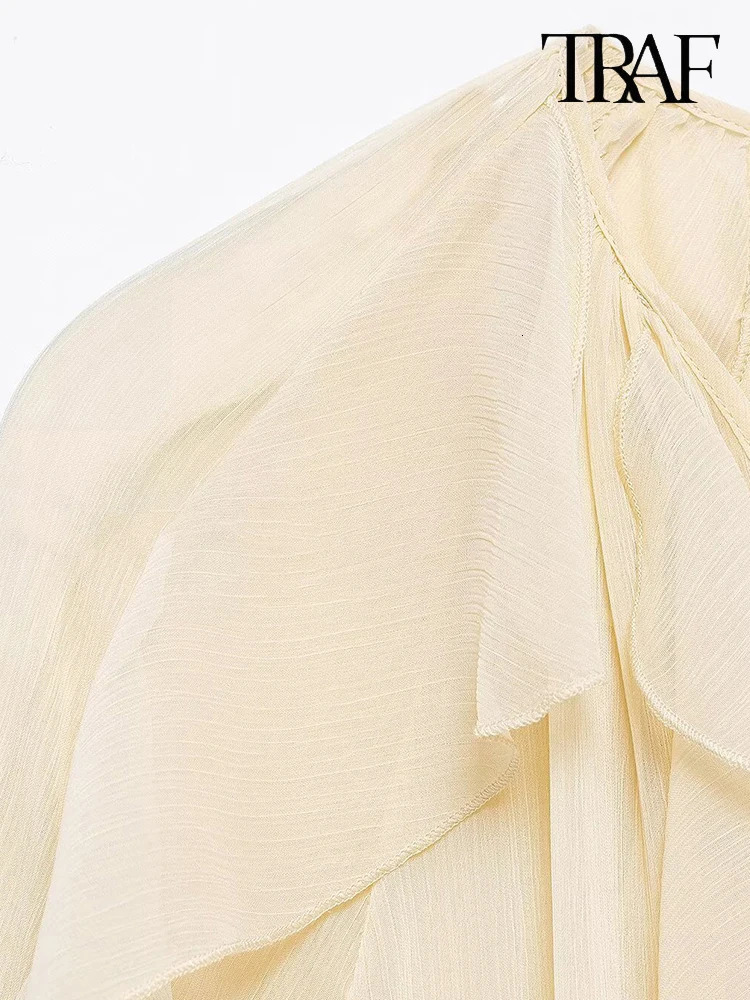 TRAF Womens Fashion Solid Color Multi Layer Ruffle Shirt Unique Perspective Vneck Single Chest Long Sleeve High Neck Top 250407