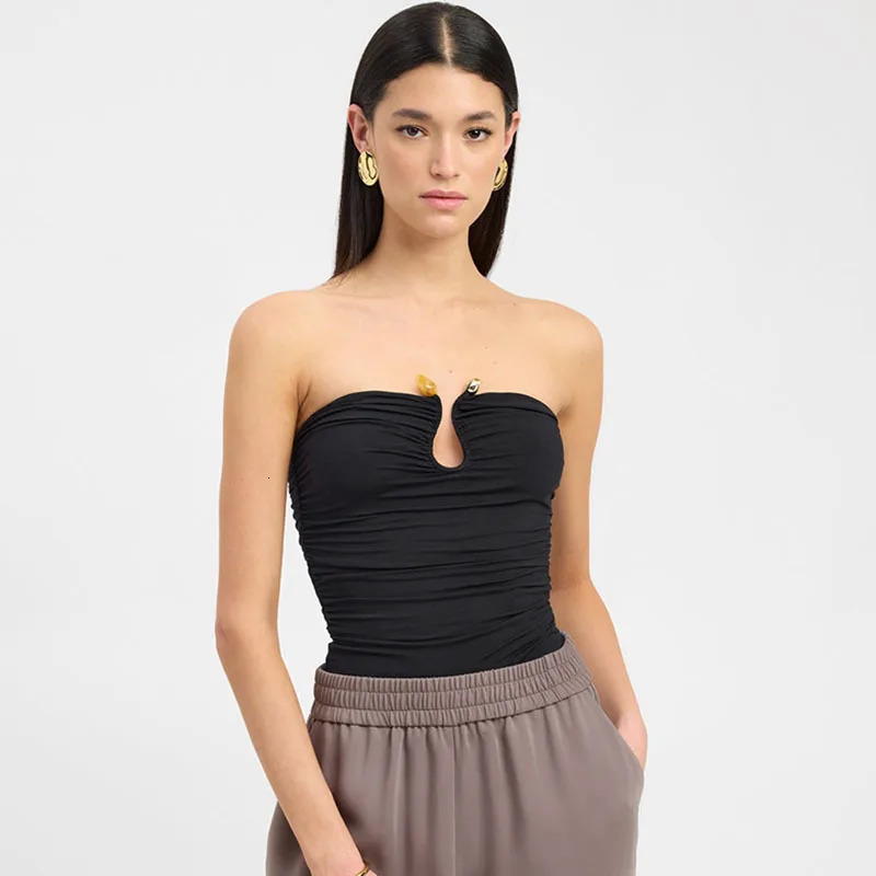 Approban solid wrapped chest metal decoration bare back ultra short top shrink folding agate sleeve single line shoulder vest 250407