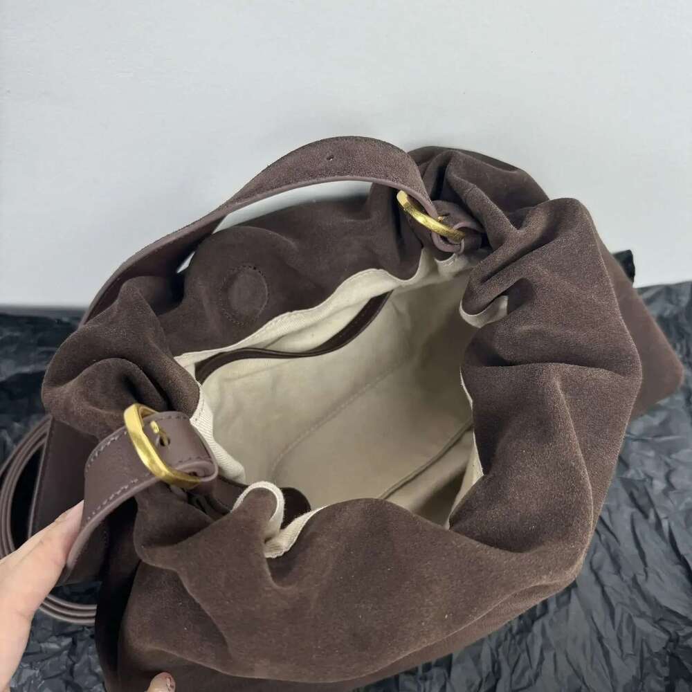 Ruched Korean Kakhi Coffee Designer Armpit Shoulder Bag 2 Straps Real Matte Suede Cow Leather Women Handbag 2025 Chamois Tote