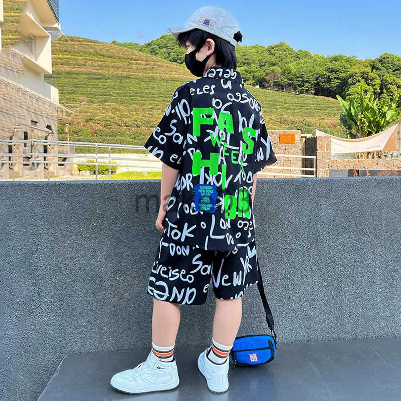 Summer set letter printed T-shirt+shorts 2 pieces sportswear youth boys party clothing 3-14 years J250403