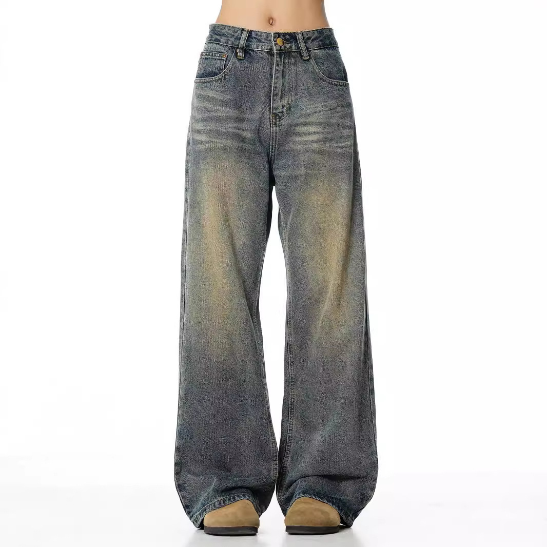 American floor mopping jeans for men high street ins trendy brand washed cat whiskers loose and wide legs hanging down feeling long pants 241114