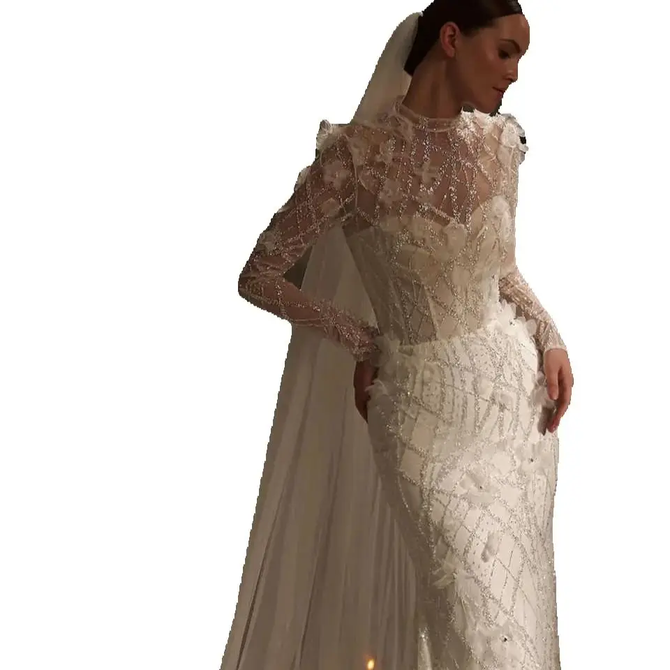 Elegant Mermaid Wedding Dresses New Ball Gown Bride Dress Shine Sequin Lace Bridal Gown o-Neck Brush Train Robe De Vestido HOT SALE Customized Plue Si