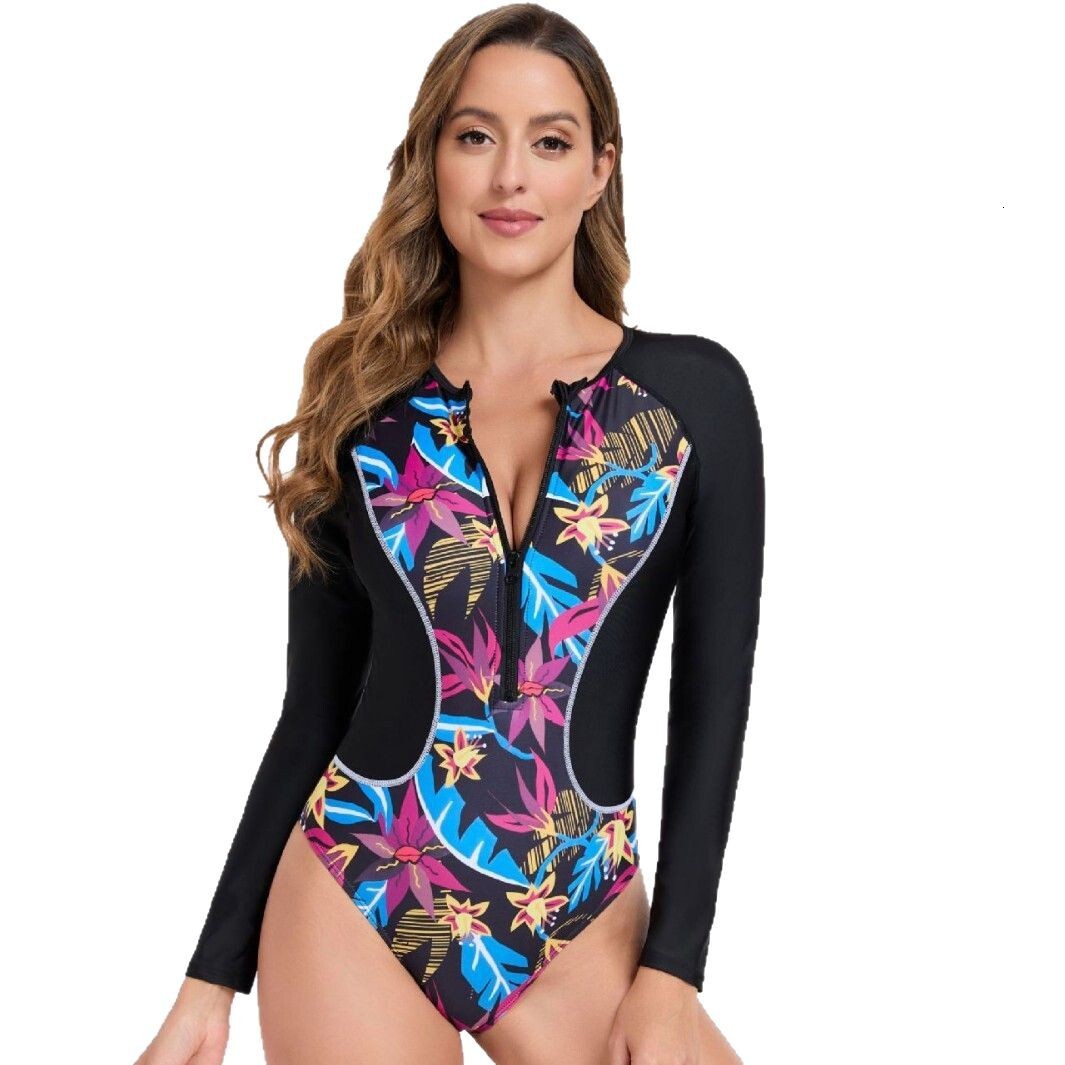 2025 one-piece long sleeved zipper diving surfing suit for women, swimsuit, printed multi-color beach racing swimsuit