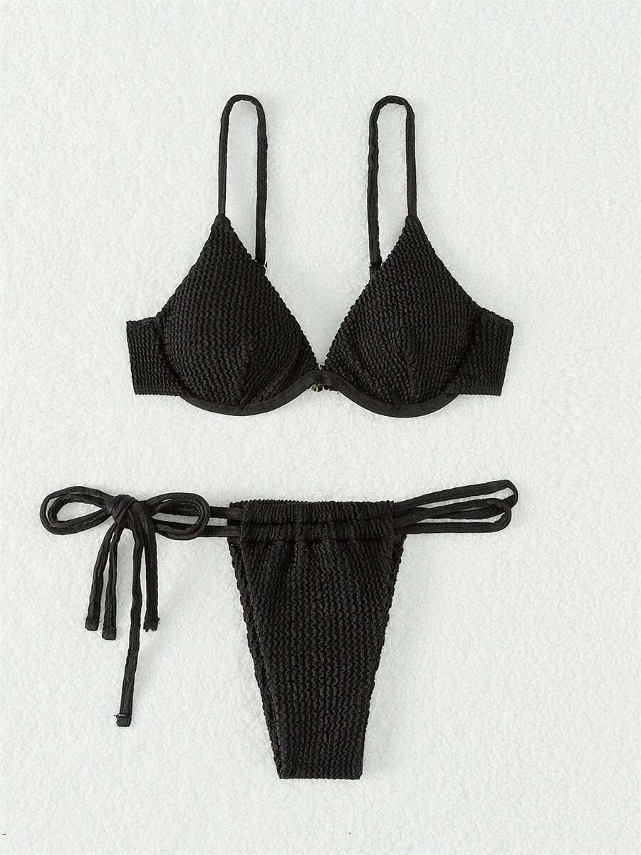 Dongdumaoyi Sexy Brown Bikini Women Push Up Underwire Ribbed Micro Swimwear Brazilian Cut Out Bathing Suit Tie Side Thong Swimsuit