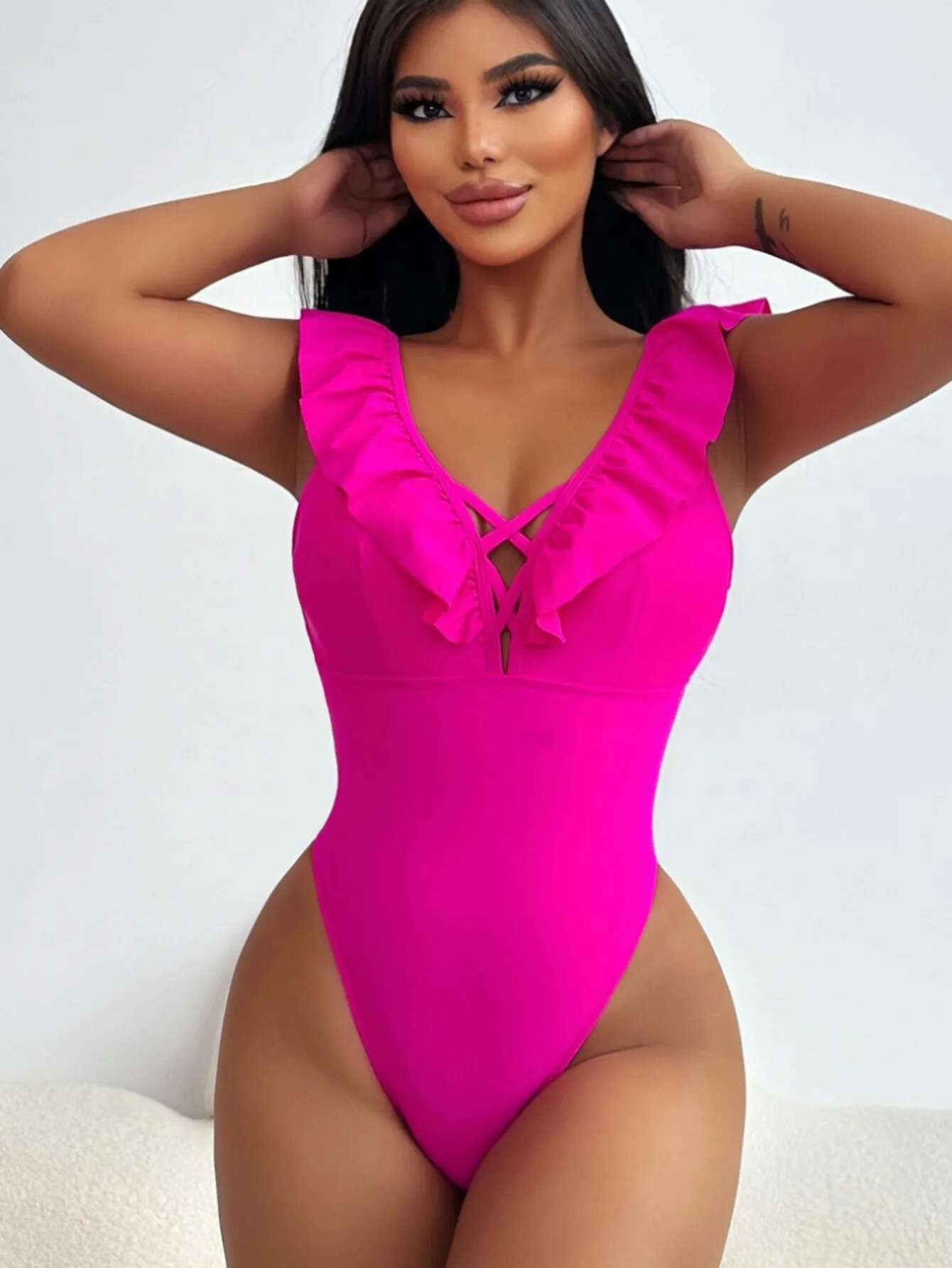 Dongdumaoyi Sexy One Piece Swimsuit Women S Hot Pink Deep V Neck Ruffle Swimwear Summer Beach Vacation Backless Bathing Suit Monokini