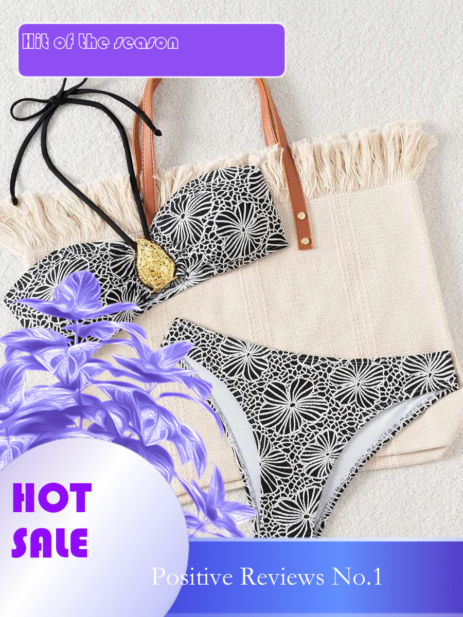 Dongdumaoyi Sexy Metal Water Droplet Ornament Bikini Set Women Black Floral Print Push Up Swimsuit Holiday Bathing Suit Thog Swimwear