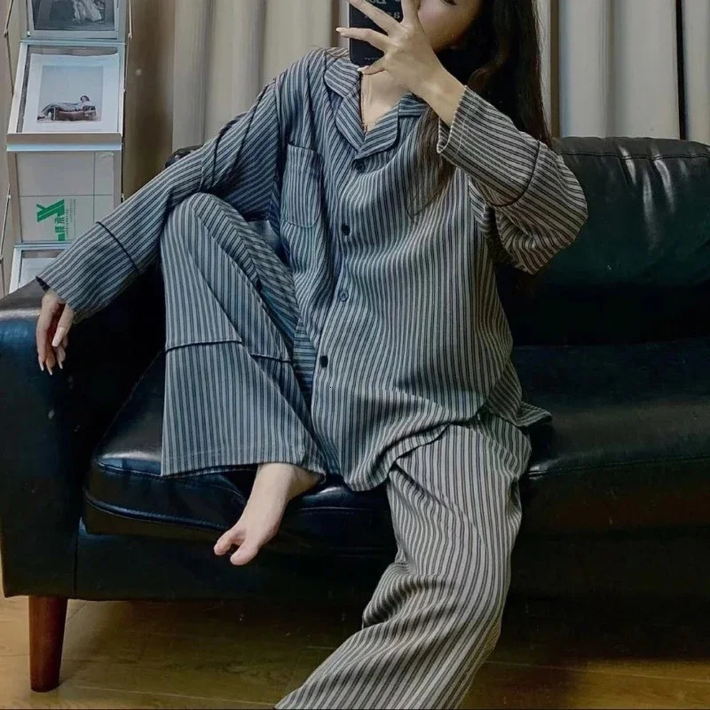 Striped Sleepwear Korean Review Pajamas Womens Spring Wear Long Sleeve Japanese Fashion Ins High Sense Simple Loose Home Suit 250313