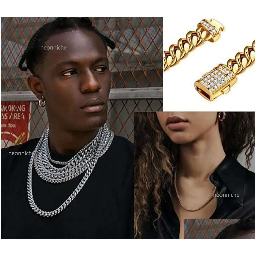 Chains Mens White Gold Tone 316L Stainless Steel Cuban k Chain Necklace Curb With Dias Clasp Lock Drop Delivery Jewelry Nec Otb