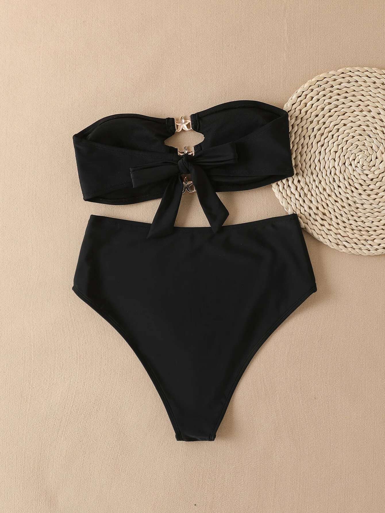 Dongdumaoyi Sexy Bandeau Bikini Women Black Hollow Out Starfish Ornament Push Up High Waist Swimsuit Beach Bathing Suit Pool Swimwear