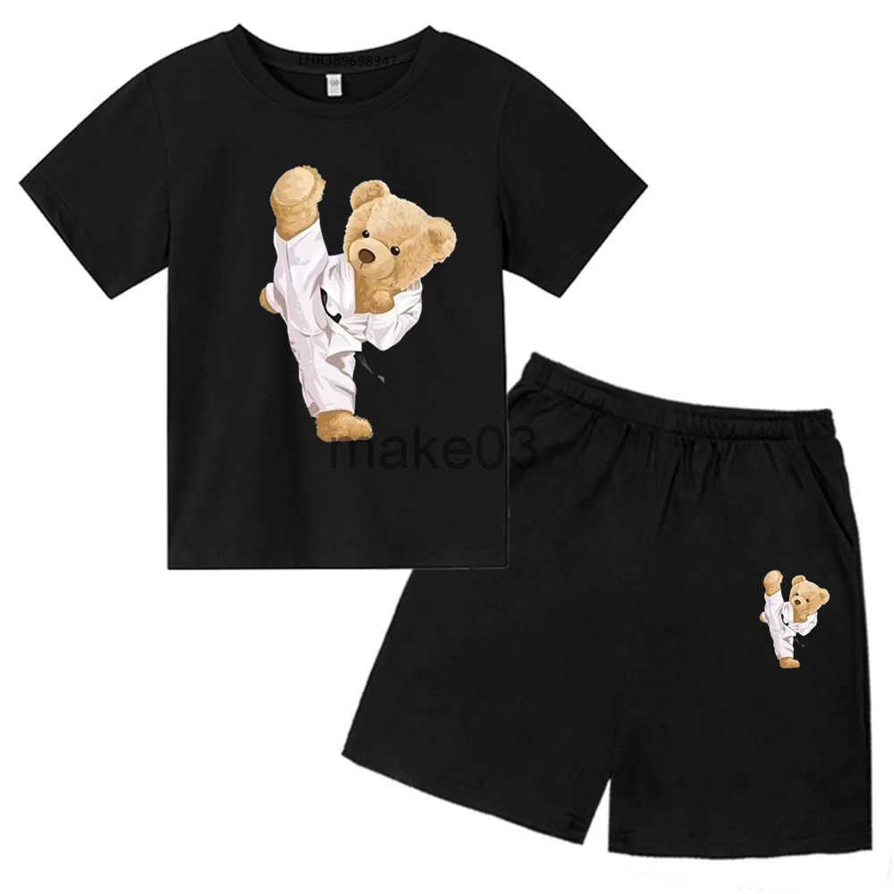 Kung Fu Bear T-Shirt set Boys Girls Short Sleeve Suitable for Kids Tops+shorts Clothleisure fashion Tshirt Childrens J250403