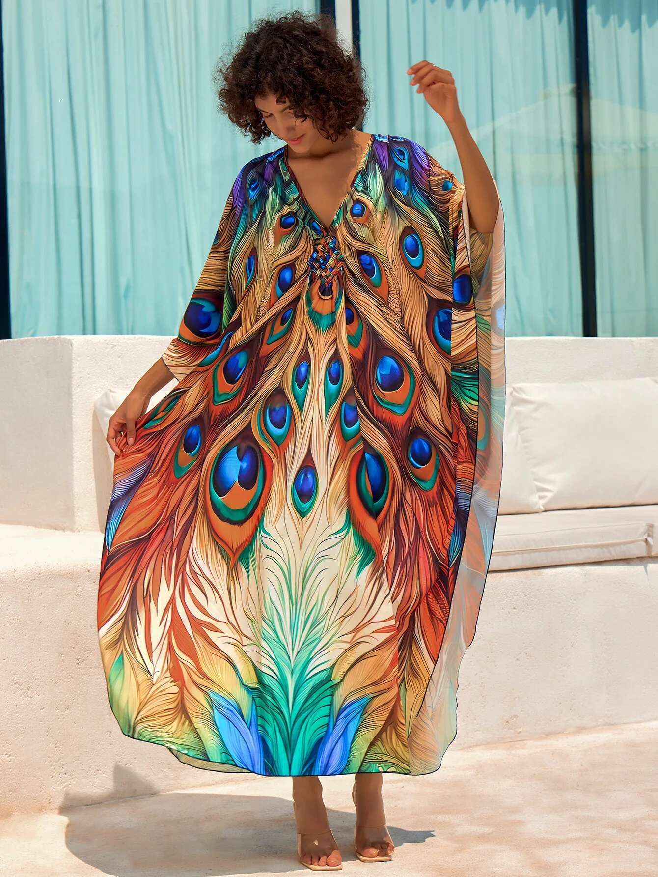 Dongdumaoyi Women S Maxi Dress Orange Peacock Feathers Print V Neck Long Sleeve Beach Cover Up Kaftan Robe Kimono Summer Vacation Wear