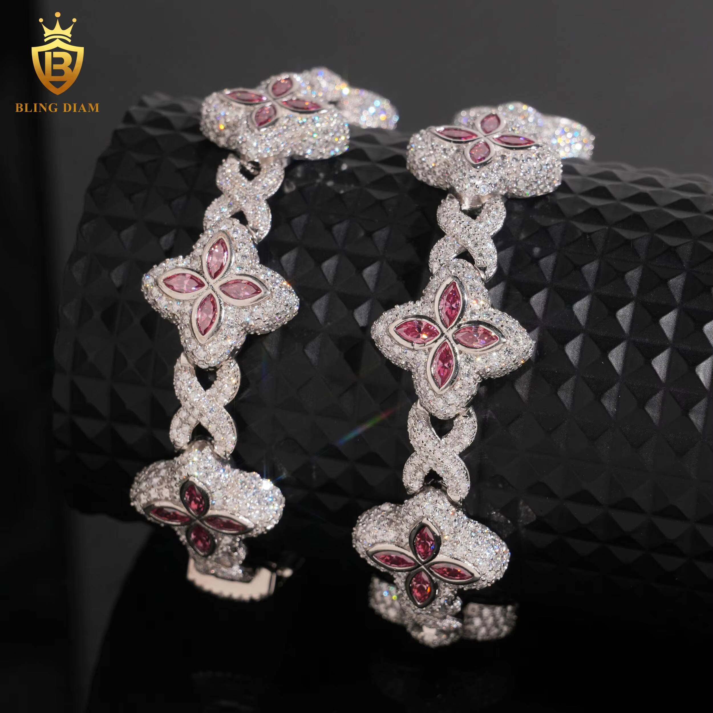 Moissanite Bracelet 925 Sterling Silver Chain 18mm Marquise Cut Pink Moissanite Rhodium Plated Bracelets Bangles Fashion Jewelry