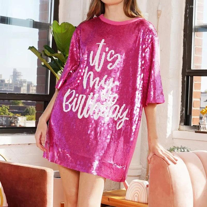 Women's T Shirts Combhasaki Women Glitter Sequined Loose Fit T-Shirt Dress Short Sleeve Round Neck Letter Print Oversized Tops Party